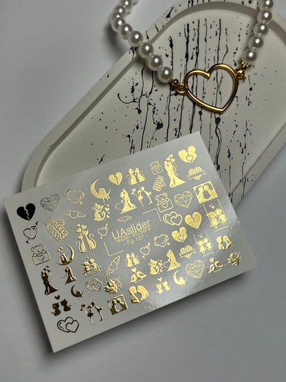 Nail Water Decal Fg-127 | Water Slide Nail Decals with Gold Couples & Hearts | Romantic Love