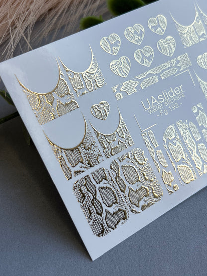 Nail Water Decal Fg-193 | Water Slide Nail Decals | Gold Foil Animal Print & French Hearts