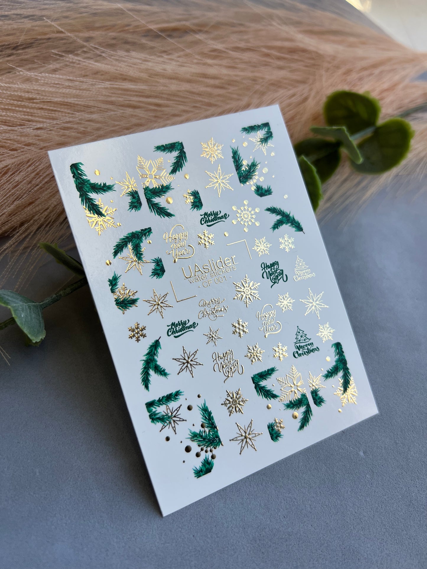 Nail Water Decal CF-001 | Christmas Water Slide Nail Decals, Gold Foil Snowflakes & Pine