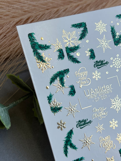 Nail Water Decal CF-001 | Christmas Water Slide Nail Decals, Gold Foil Snowflakes & Pine