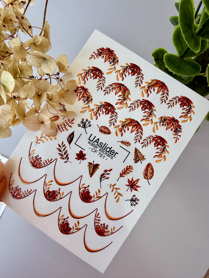 Nail Water Decal CF-751 | Water Slide Nail Decals | Autumn Leaves and Gold Branches