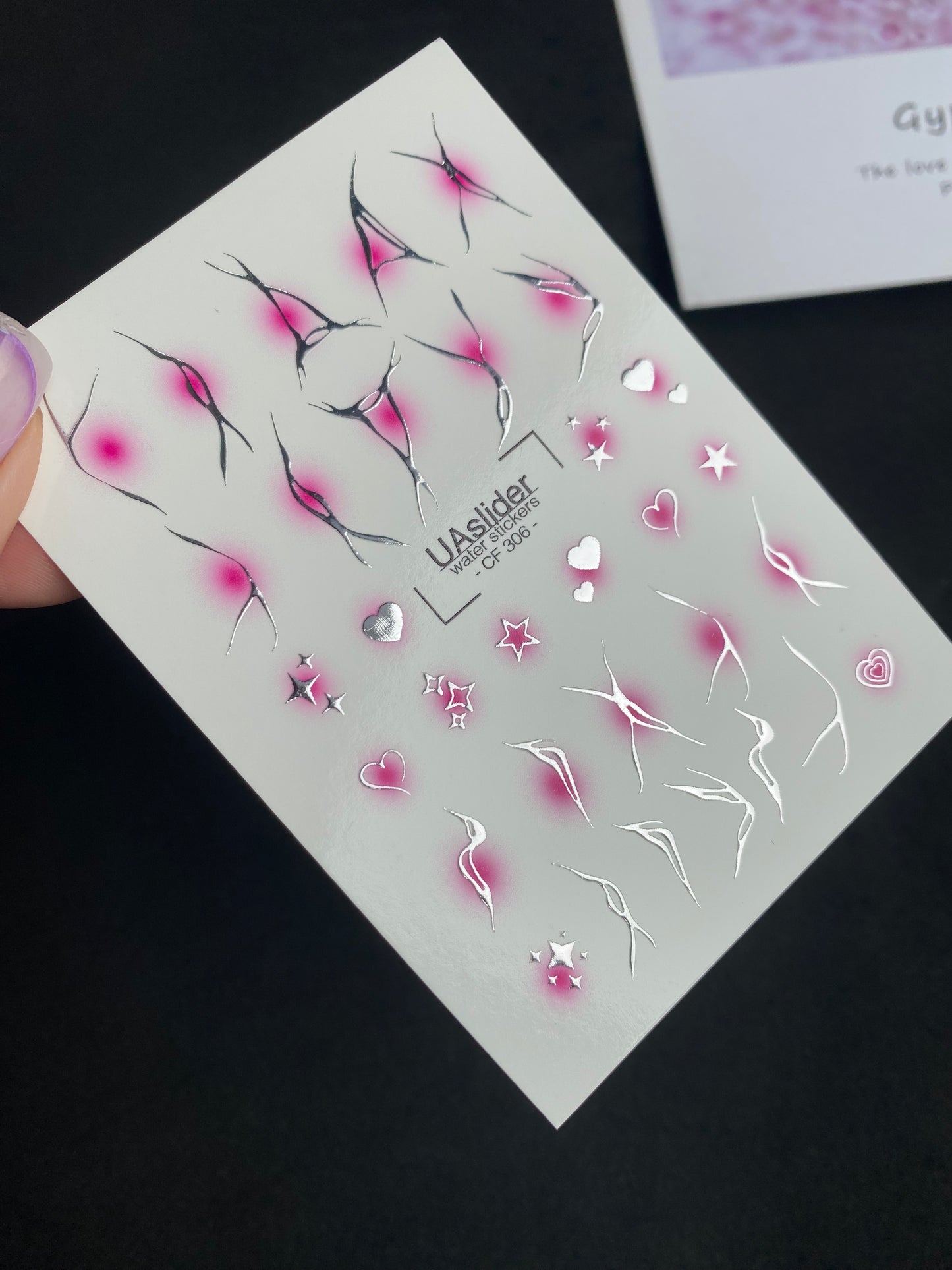 Nail Water Decal CF-306 | Abstract Silver Water Slide Nail Decals | Pink Shadows, Hearts & Stars