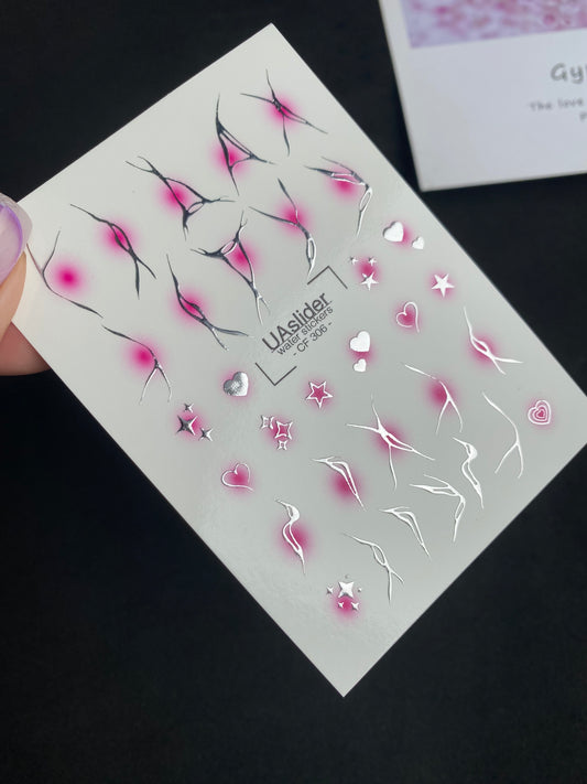 Nail Water Decal CF-306 | Abstract Silver Water Slide Nail Decals | Pink Shadows, Hearts & Stars