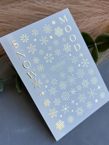 Adesivo de Água para Unhas Fg-091 | Adesivos para Unhas com Folha de Ouro e Deslizamento de Água | Flocos de Neve e Clima de Inverno
