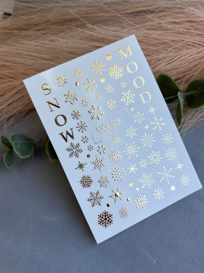 Adesivo de Água para Unhas Fg-091 | Adesivos para Unhas com Folha de Ouro e Deslizamento de Água | Flocos de Neve e Clima de Inverno