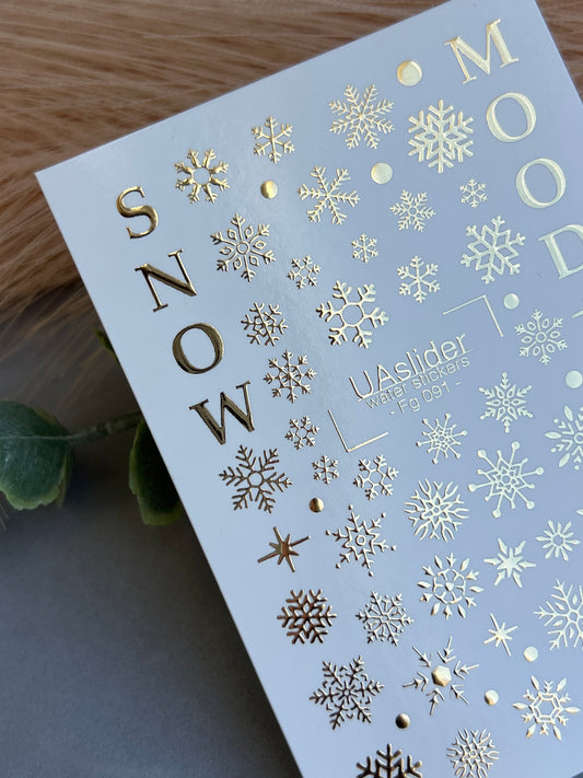 Nail Water Decal Fg-091 | Gold Foil Water Slide Nail Decals | Snowflakes & Winter Mood
