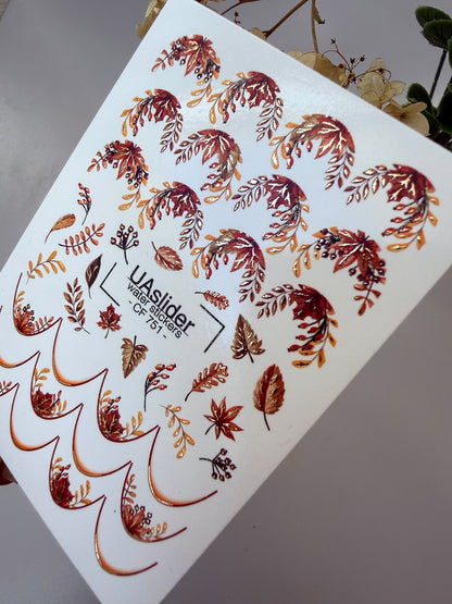 Nail Water Decal CF-751 | Water Slide Nail Decals | Autumn Leaves and Gold Branches