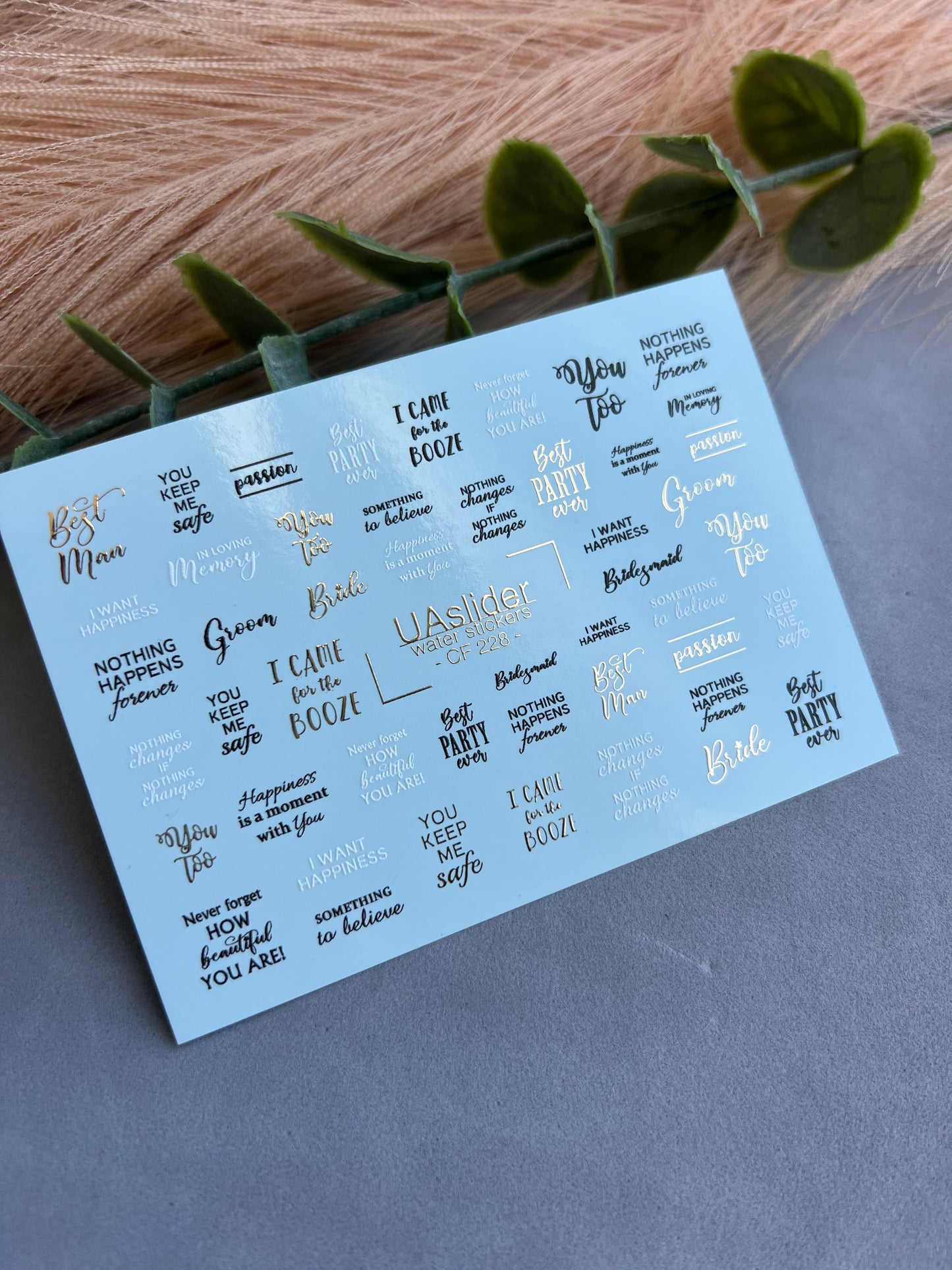 Nail Water Decal CF-228 | Lettering Water Slide Nail Decals | Wedding Quotes & Gold Accents