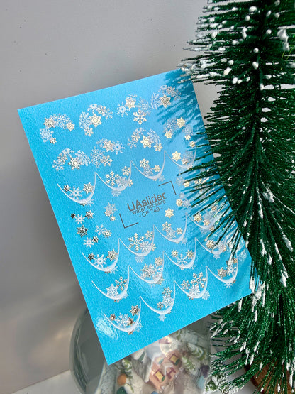 Nail Water Decal CF-749 | Water Slide Nail Decals | White and Gold Snowflake French Design