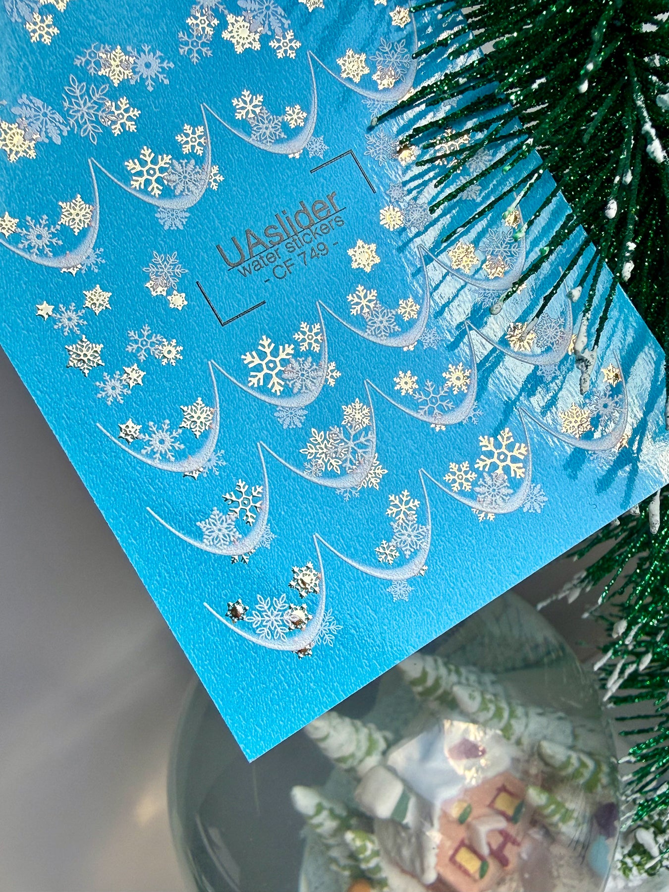 Nail Water Decal CF-749 | Water Slide Nail Decals | White and Gold Snowflake French Design