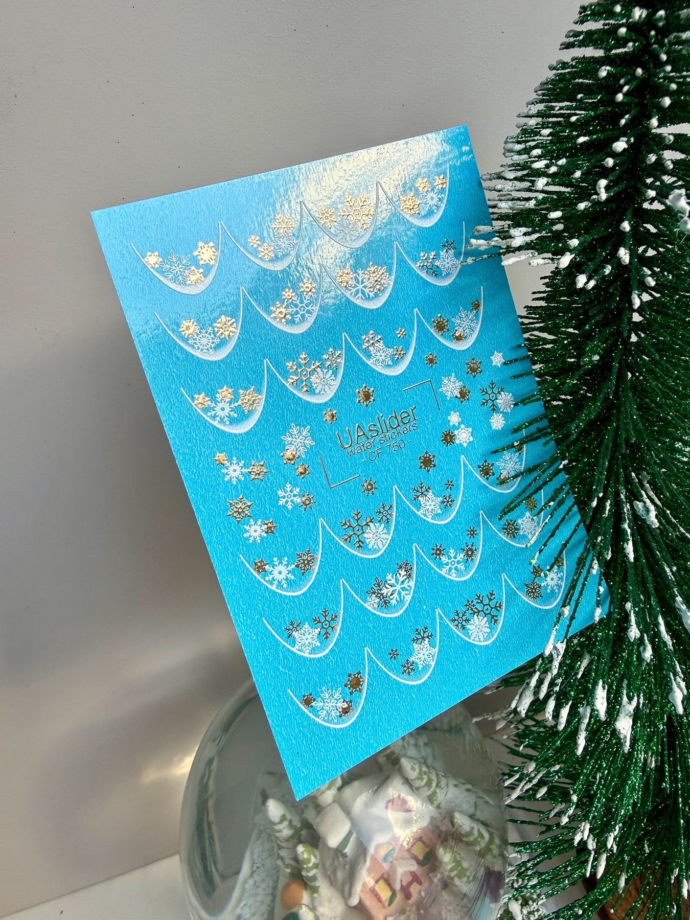 Nail Water Decal CF-750 | Water Slide Nail Decals | Gold and White Snowflake French Tips