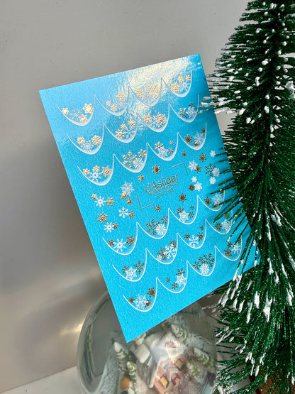 Nail Water Decal CF-750 | Water Slide Nail Decals | Gold and White Snowflake French Tips