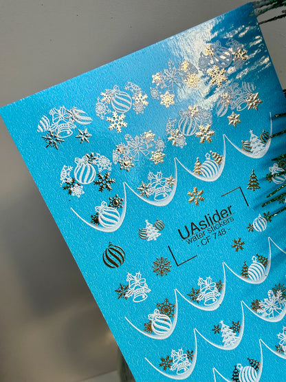 Nail Water Decal CF-748 | Water Slide Nail Decals | Christmas Ornaments and Gold Snowflakes