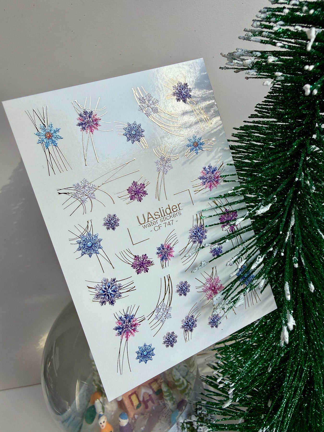 Nail Water Decal CF-747 | Water Slide Nail Decals | Blue and Purple Snowflakes with Gold Lines