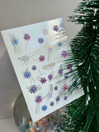 Nail Water Decal CF-747 | Water Slide Nail Decals | Blue and Purple Snowflakes with Gold Lines
