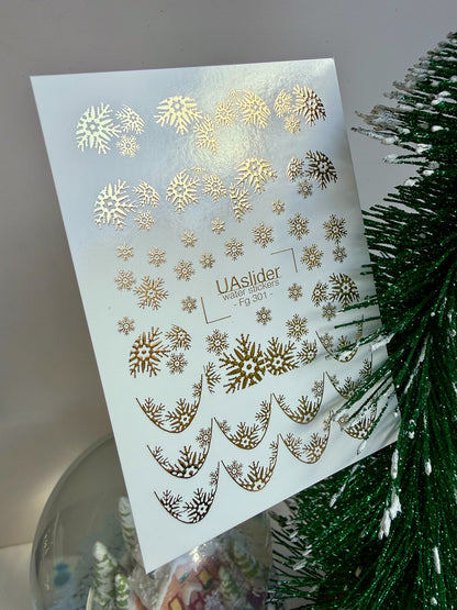 Nail Water Decal Fg-301 | Water Slide Nail Decals | Gold Snowflake French Design
