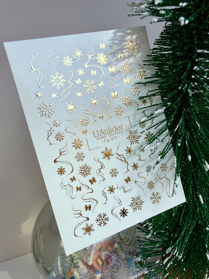 Nail Water Decal Fg-302 | Water Slide Nail Decals | Gold Snowflakes and Ribbons
