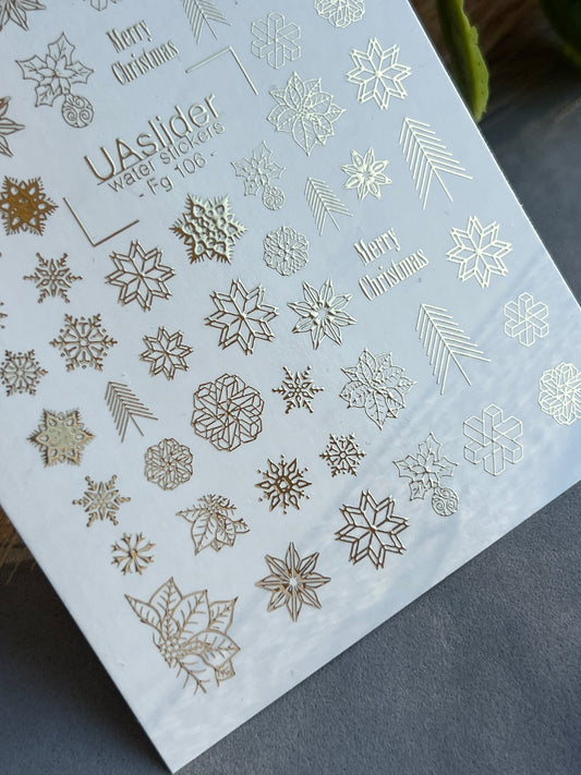 Nail Water Decal Fg-106 | Water Slide Nail Decals with Gold Snowflakes | Christmas Holiday
