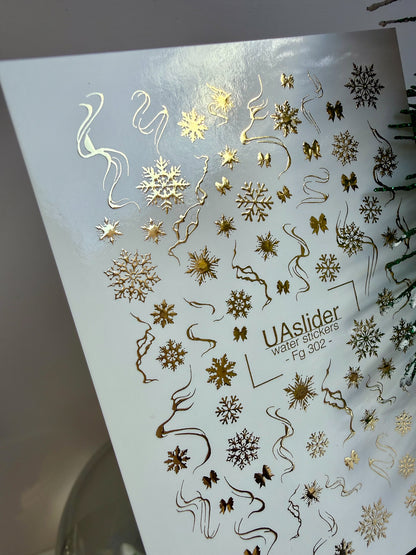 Nail Water Decal Fg-302 | Water Slide Nail Decals | Gold Snowflakes and Ribbons