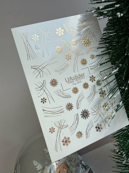 Nail Water Decal Fg-303 | Water Slide Nail Decals | Gold Snowflakes with Minimalist Lines
