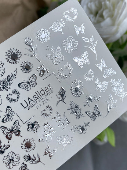 Nail Water Decal Fs-236 | Water Slide Nail Decals Butterfly and Flowers | Delicate Floral Nail Art