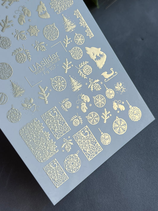 Nail Water Decal Fg-107 | Water Slide Nail Decals with Gold Christmas Ornaments | Festive Holiday