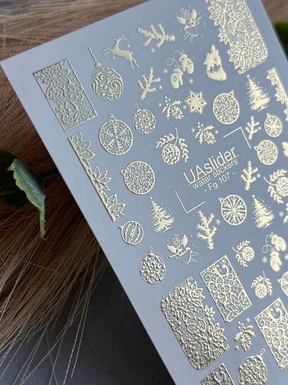 Αυτοκόλλητο Νυχιών με Νερό Fg-107 | Αυτοκόλλητα Νυχιών με Νερό και Χρυσά Χριστουγεννιάτικα Στολίδια | Εορταστική Διακοπή