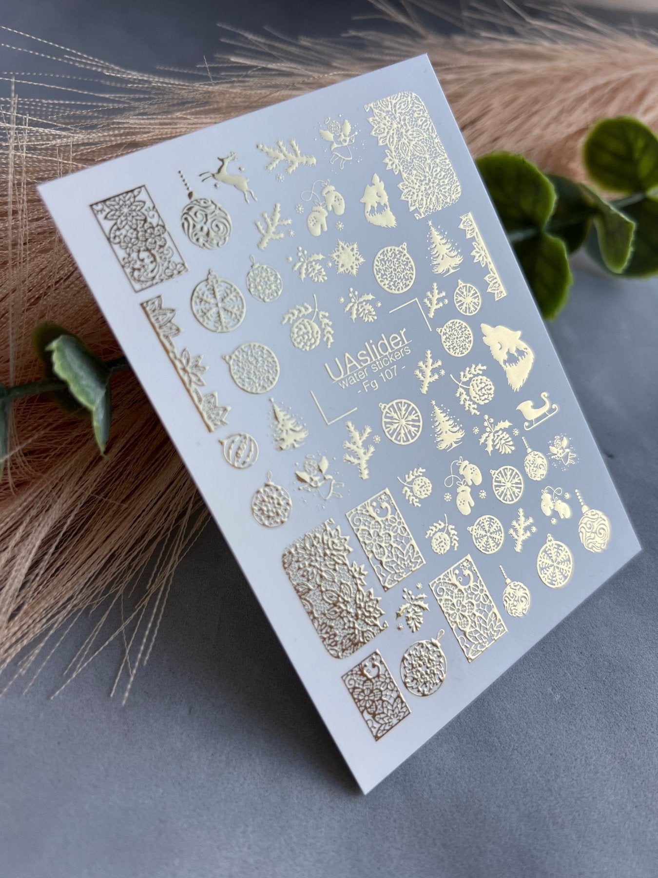 Nail Water Decal Fg-107 | Water Slide Nail Decals with Gold Christmas Ornaments | Festive Holiday - UASLIDER