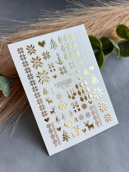 Adesivi per unghie Fg-108 | Adesivi per unghie a trasferimento ad acqua con fiocchi di neve dorati e renne | Natale nordico