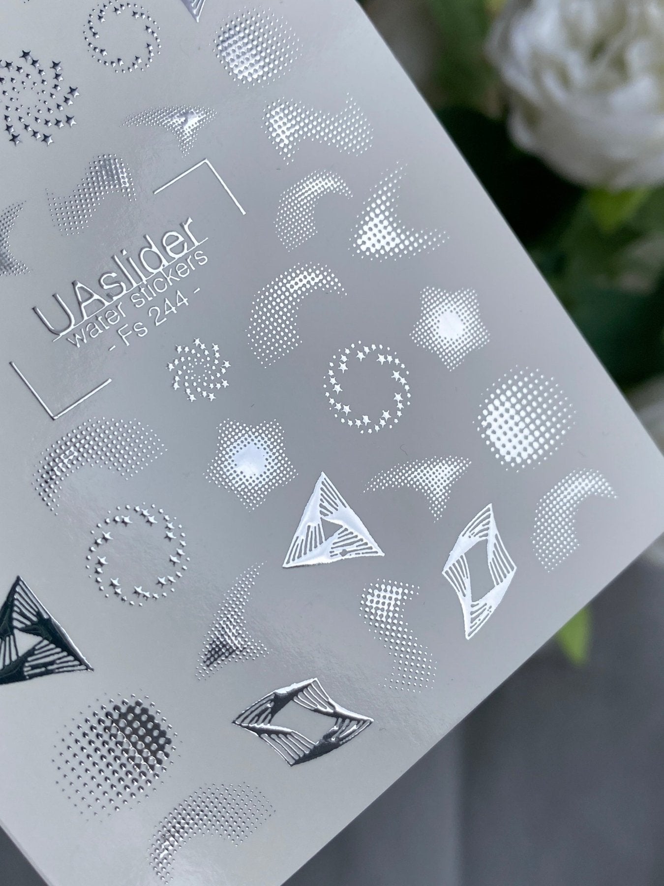Nail Water Decal Fs-244 | Abstract Water Slide Nail Decals | Silver Foil Geometric & Star Designs - UASLIDER
