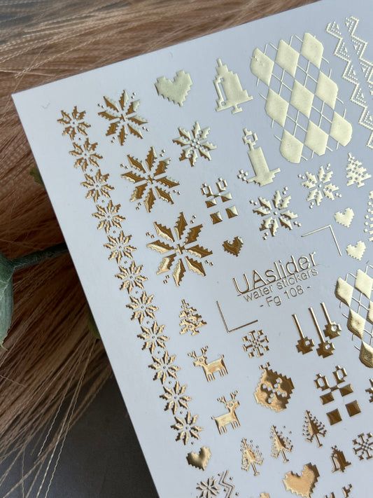 Nail Water Decal Fg-108 | Water Slide Nail Decals with Gold Snowflakes & Reindeer | Nordic Christmas