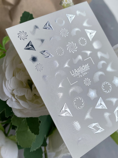 Nagel Wasserabziehbild Fs-244 | Abstrakte Wasserfolien-Nagelabziehbilder | Silberfolie Geometrische & Sternmuster