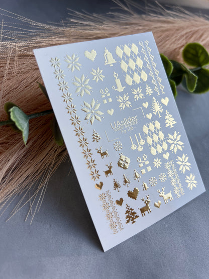 Adesivi per unghie Fg-108 | Adesivi per unghie a trasferimento ad acqua con fiocchi di neve dorati e renne | Natale nordico