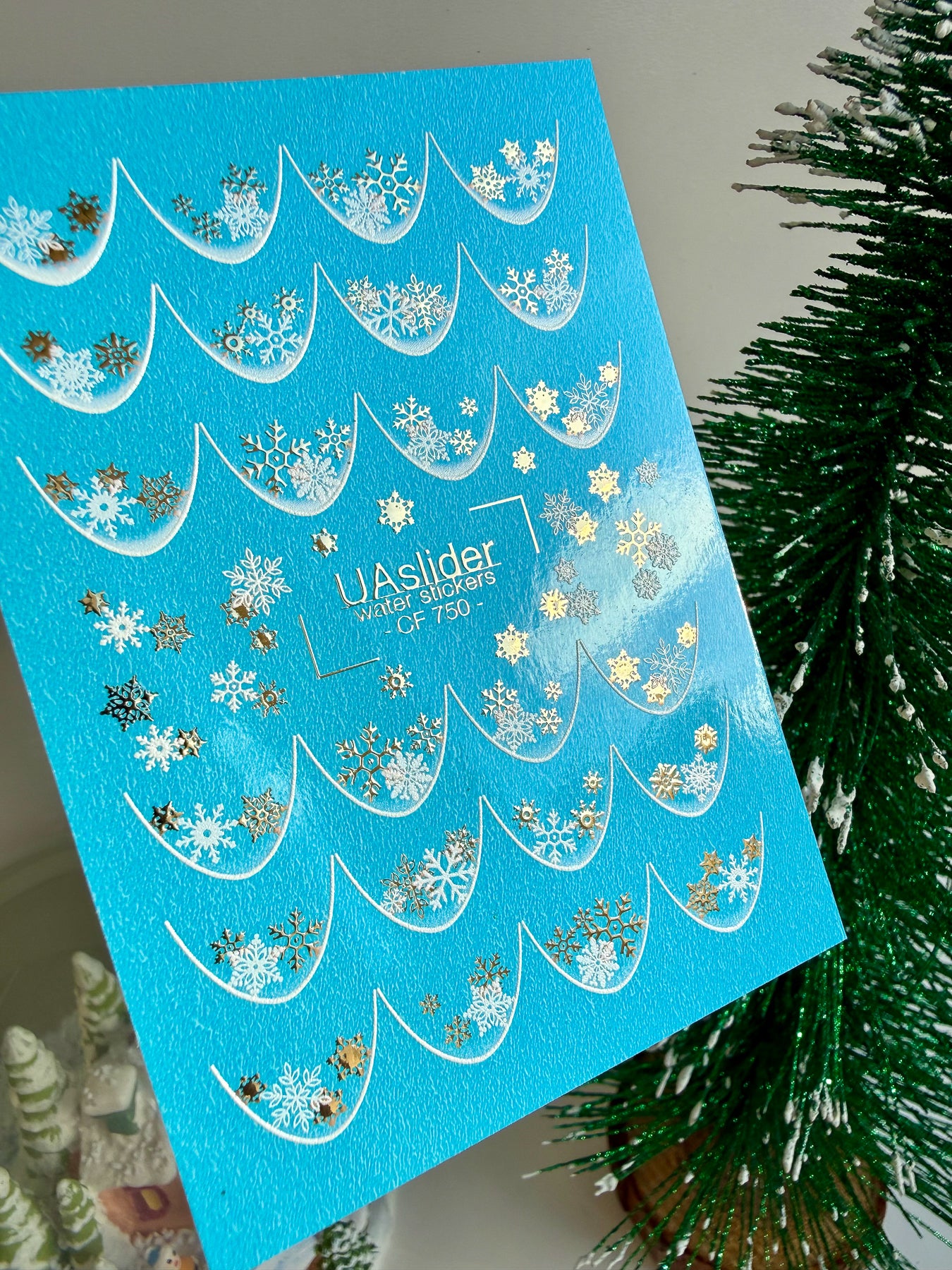 Nail Water Decal CF-750 | Water Slide Nail Decals | Gold and White Snowflake French Tips