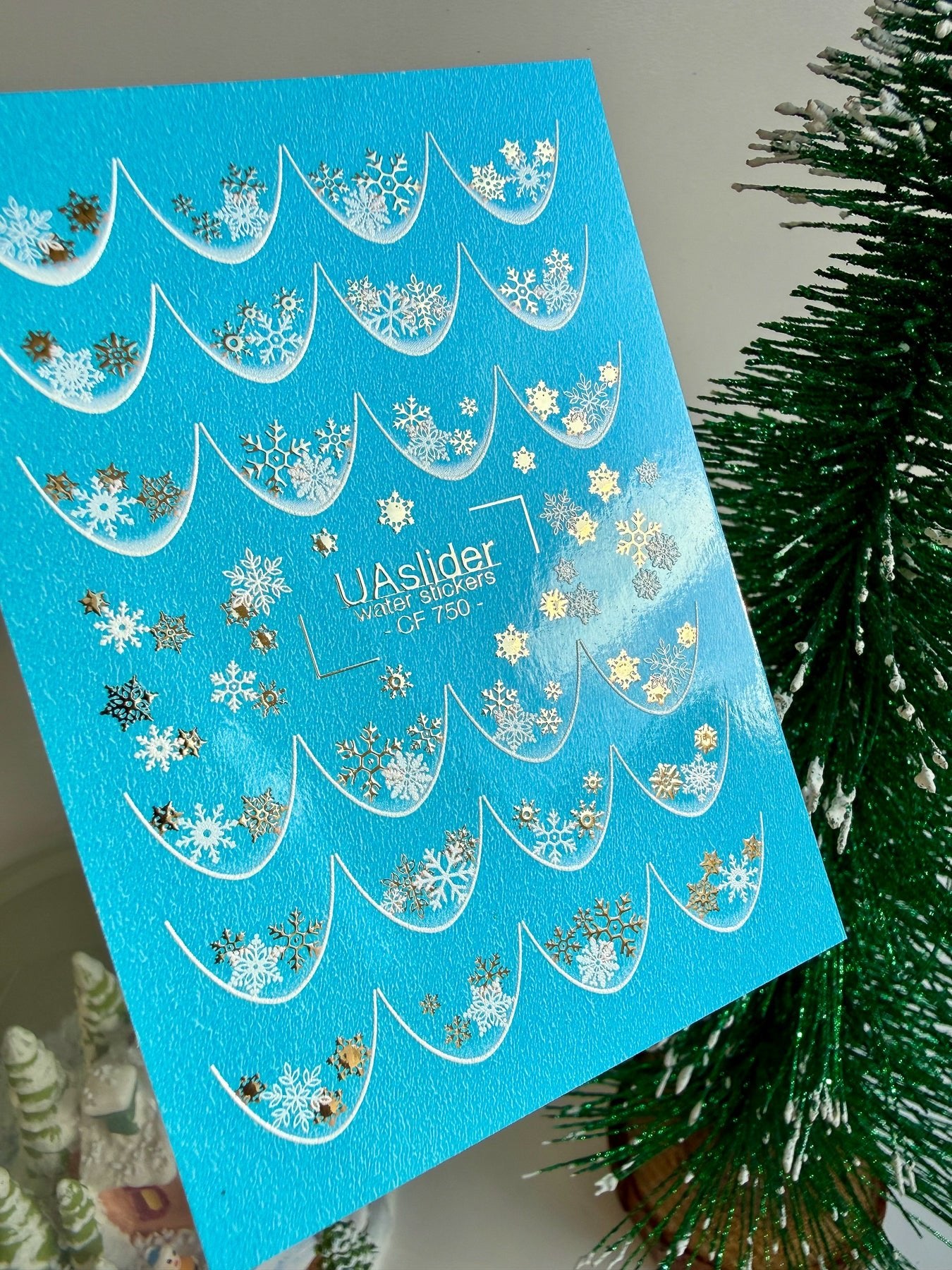 Nail Water Decal CF-750 | Water Slide Nail Decals | Gold and White Snowflake French Tips