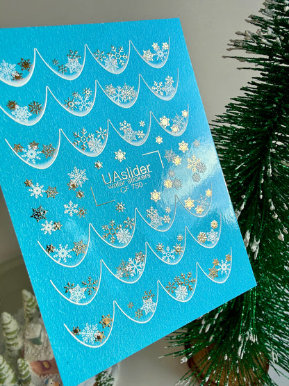Nail Water Decal CF-750 | Water Slide Nail Decals | Gold and White Snowflake French Tips