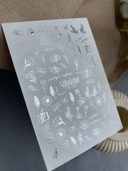 Köröm víz matrica Fs-116 | Virágos vízcsúsztatós köröm matricák | Botanikai vonalrajz