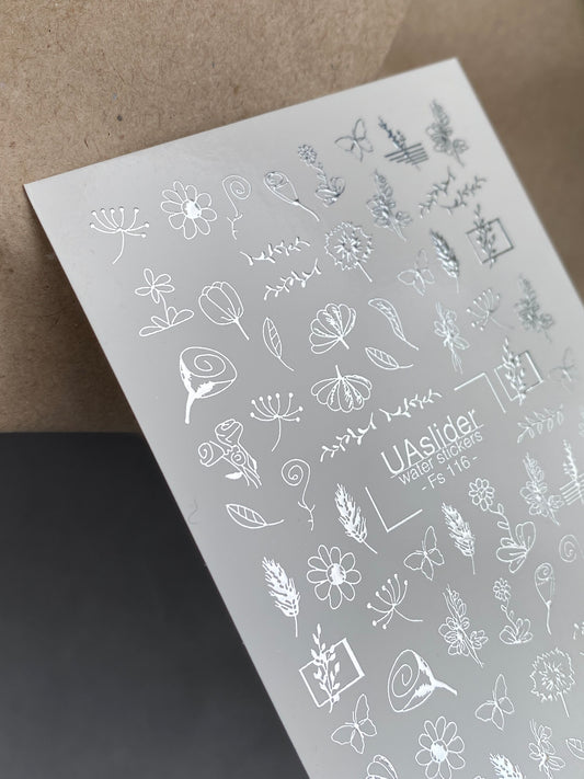 Nálepka na nehty Fs-116 | Květinové vodní nálepky na nehty | Botanické liniové umění