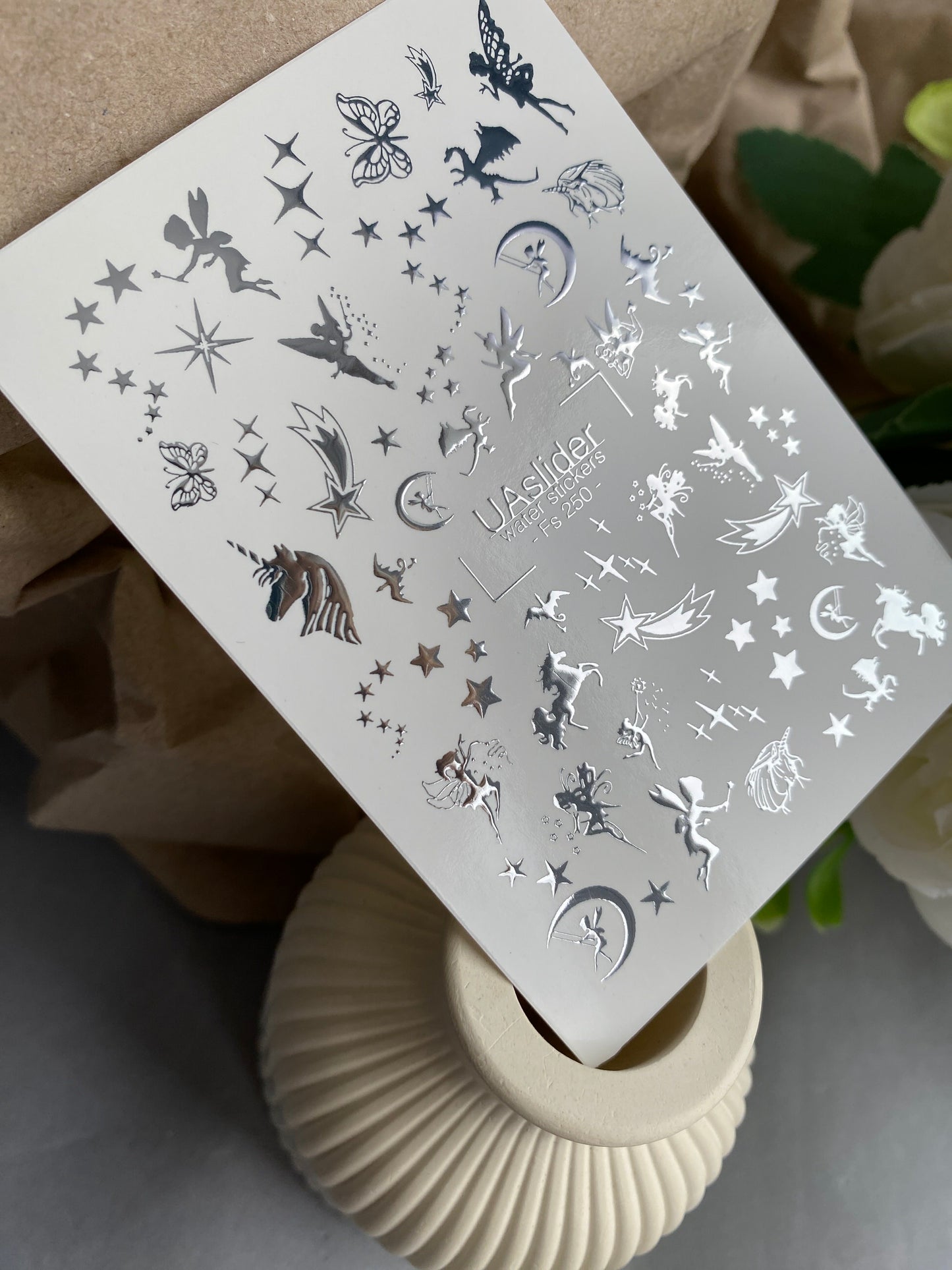 Nail Water Decal Fs-250 | Fantasy Water Slide Nail Decals | Silver Foil Fairies, Unicorns & Stars