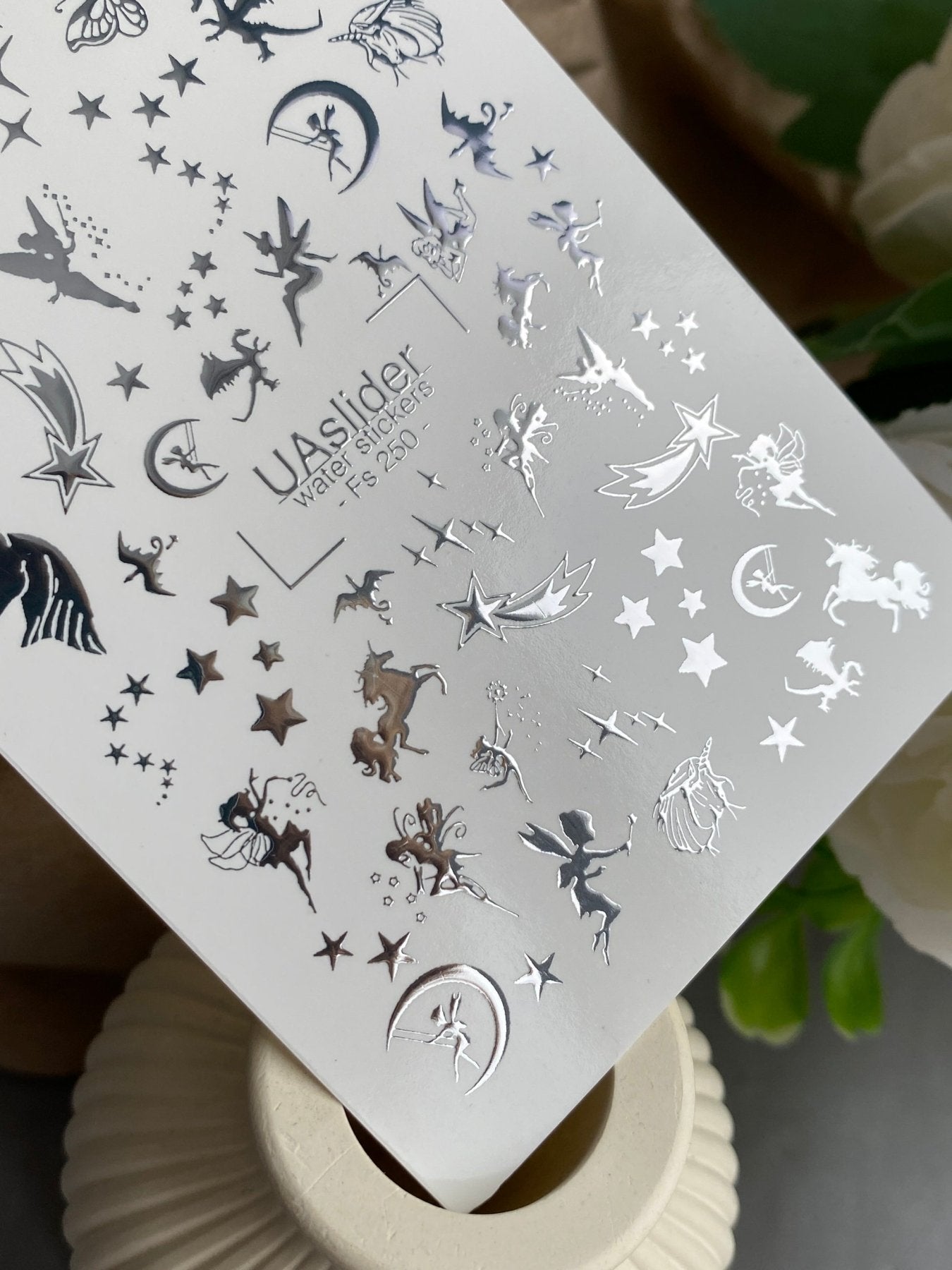 Nail Water Decal Fs-250 | Fantasy Water Slide Nail Decals | Silver Foil Fairies, Unicorns & Stars - UASLIDER