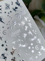 Nail Water Decal Fs-250 | Fantasy Water Slide Nail Decals | Silver Foil Fairies, Unicorns & Stars - UASLIDER