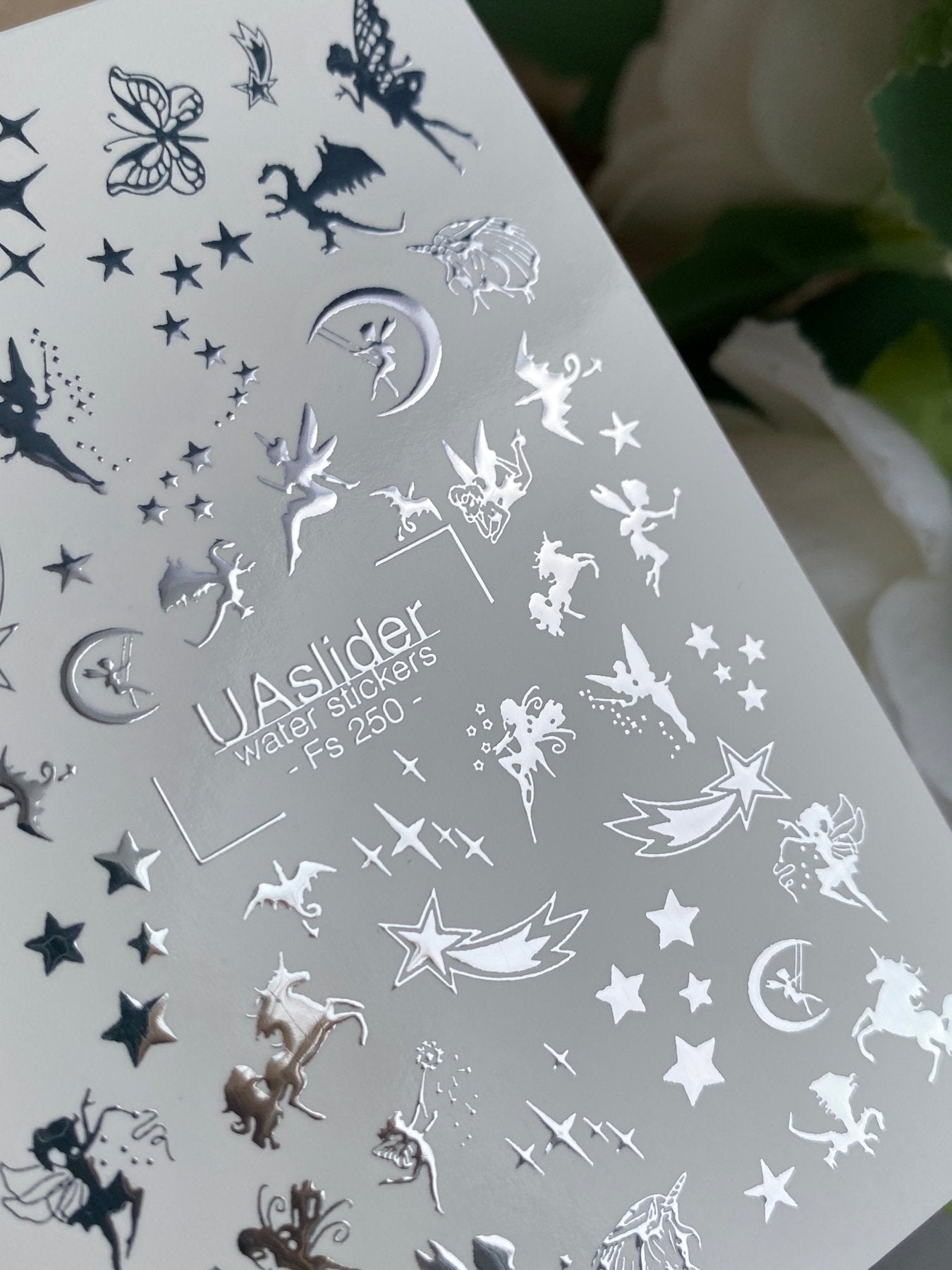 Nail Water Decal Fs-250 | Fantasy Water Slide Nail Decals | Silver Foil Fairies, Unicorns & Stars - UASLIDER