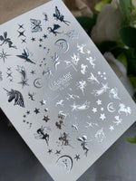 Nail Water Decal Fs-250 | Fantasy Water Slide Nail Decals | Silver Foil Fairies, Unicorns & Stars - UASLIDER