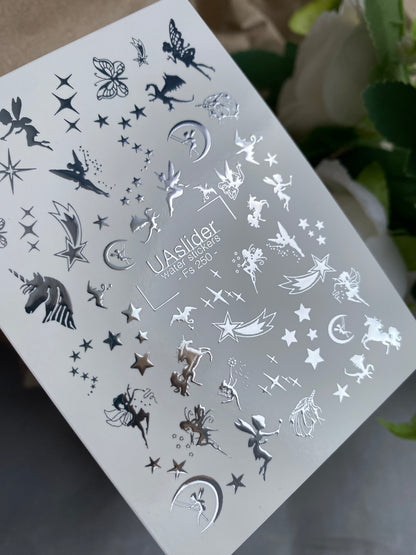 Nail Water Decal Fs-250 | Fantasy Water Slide Nail Decals | Silver Foil Fairies, Unicorns & Stars