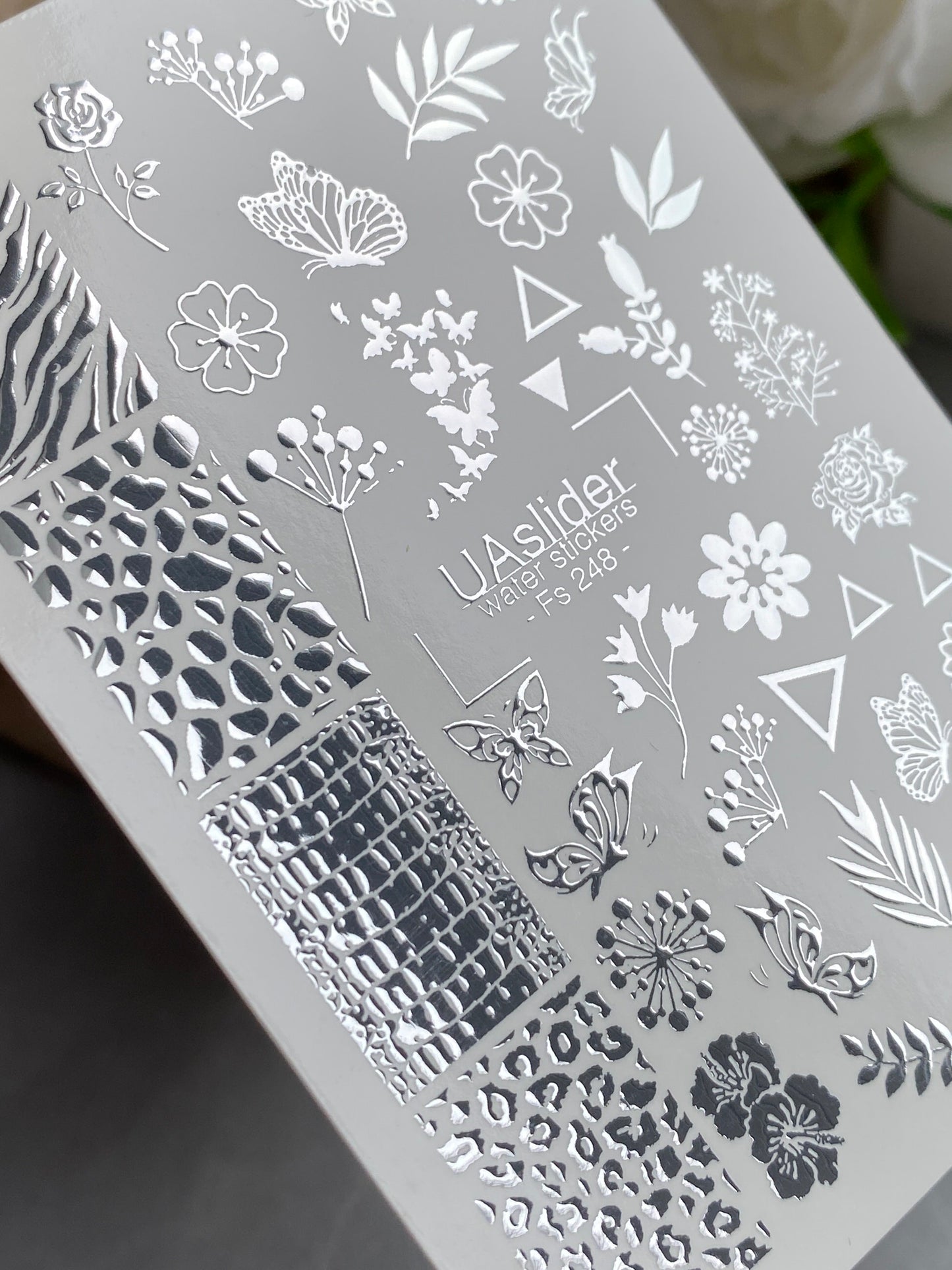 Nagel-Wasserabziehbild Fs-248 | Gemischte Wasser-Schiebefolien-Nagelabziehbilder | Silberfolie Blumen, Schmetterlinge & Tiermuster