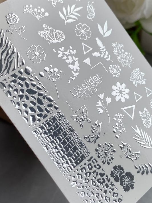 Nail Water Decal Fs-248 | Mixed Water Slide Nail Decals | Silver Foil Flowers, Butterflies & Animal Prints