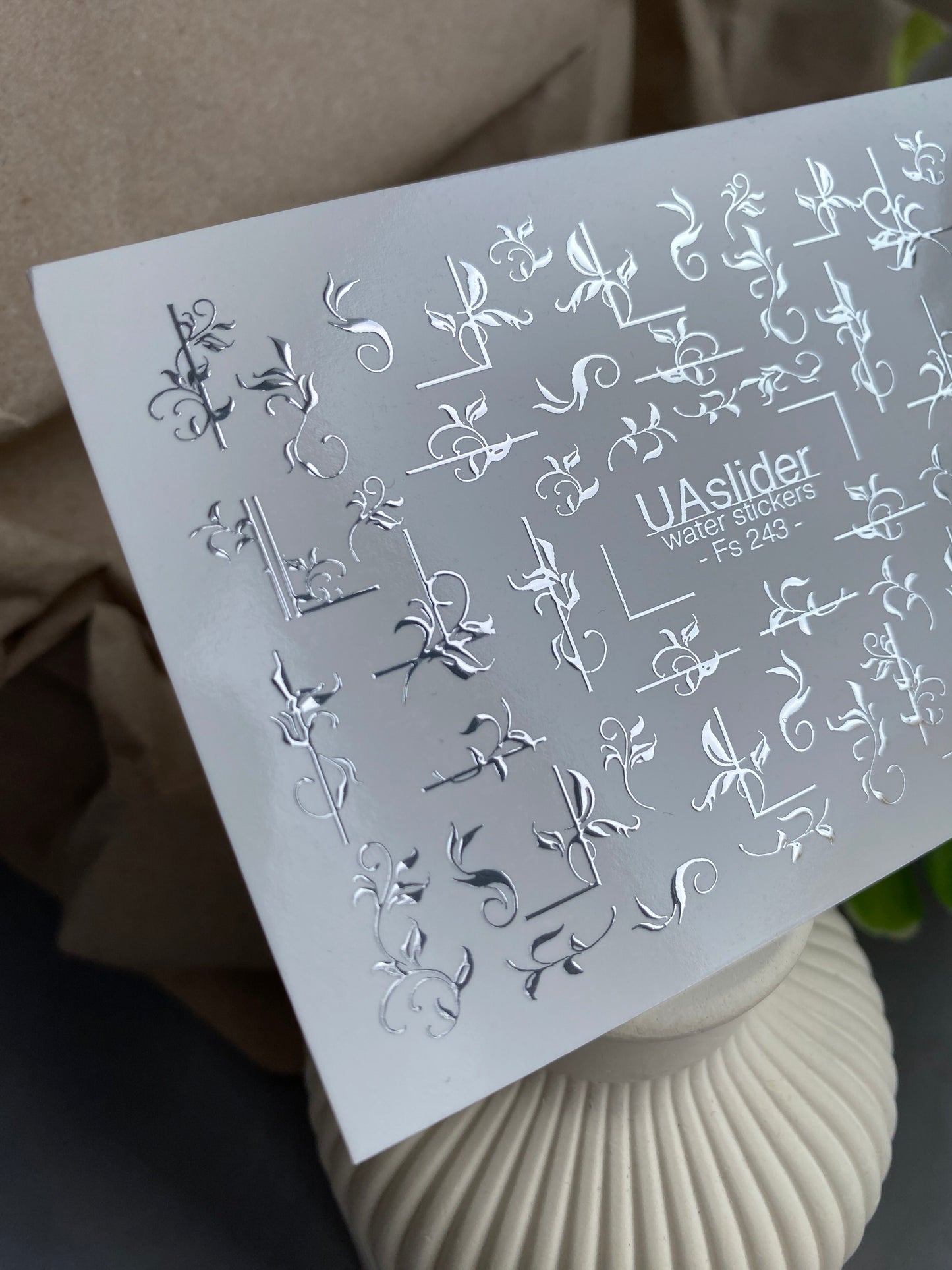 Nail Water Decal Fs-243 | Elegant Water Slide Nail Decals | Silver Foil Floral Ornaments