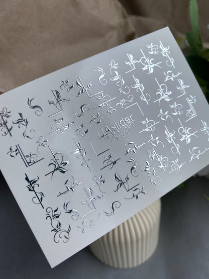 Nail Water Decal Fs-243 | Elegant Water Slide Nail Decals | Silver Foil Floral Ornaments