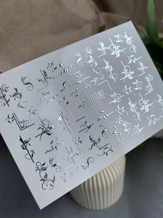 Nail Water Decal Fs-243 | Elegant Water Slide Nail Decals | Silver Foil Floral Ornaments