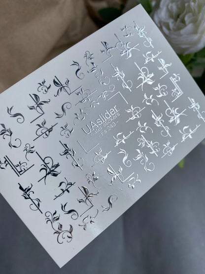 Nail Water Decal Fs-243 | Elegant Water Slide Nail Decals | Silver Foil Floral Ornaments